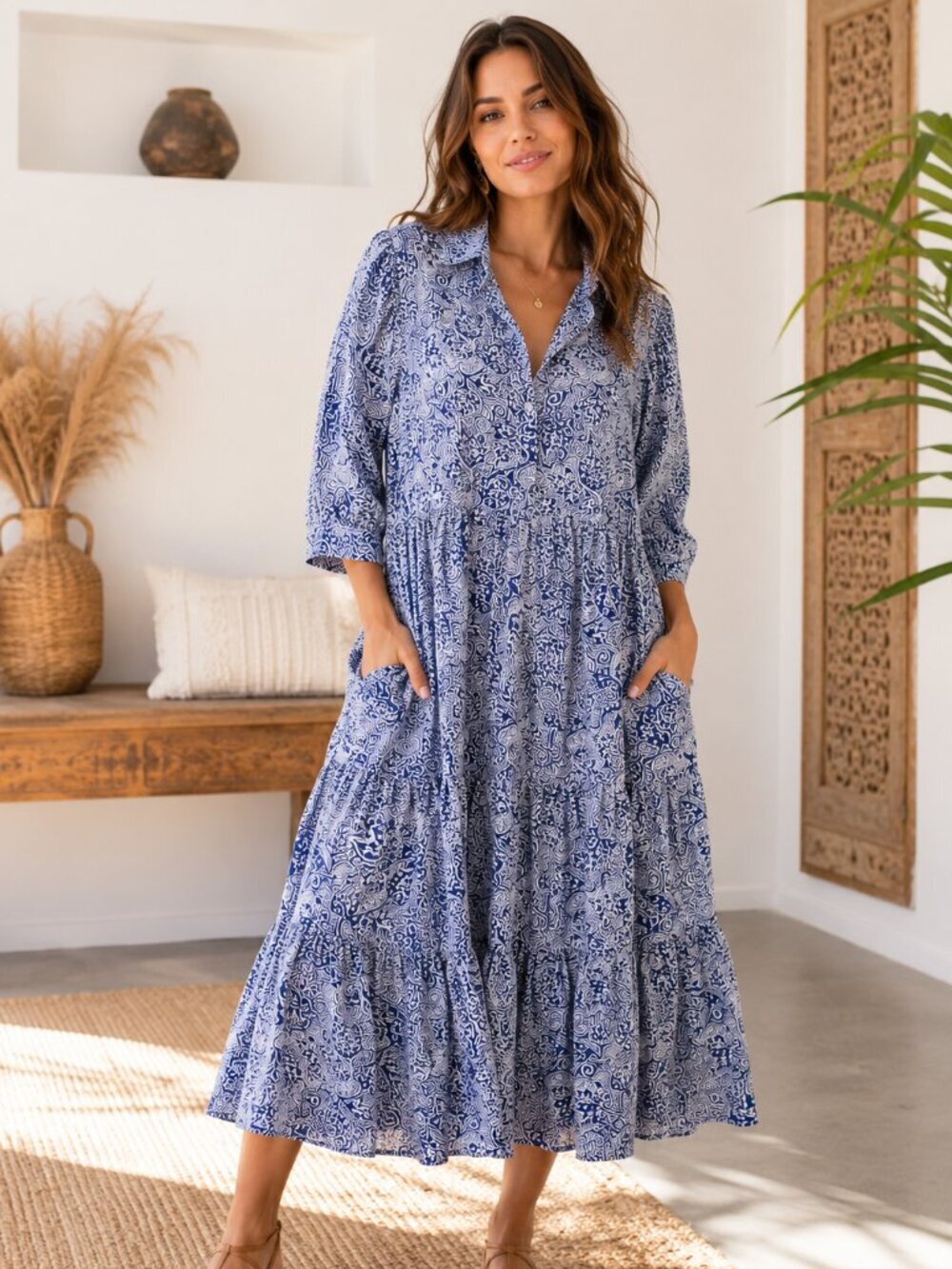 The Oula Company x Liberty Fabric Blue White Tiered Midi Dress Made in USA